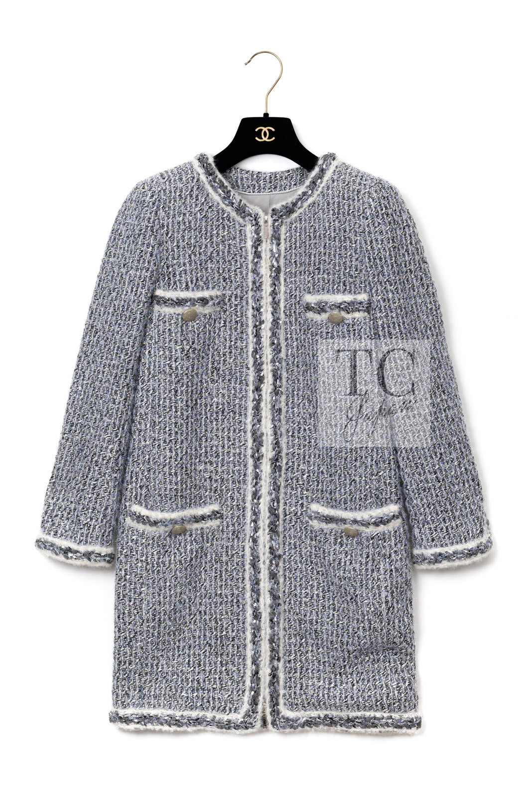 CHANEL 14A Gray SIlver Metallic Silk Cotton Tweed Long Coat 36 15