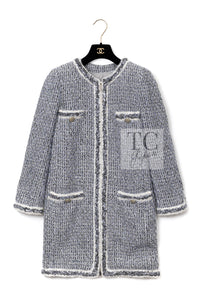 CHANEL 14A Gray SIlver Metallic Silk Cotton Tweed Long Coat 36 15