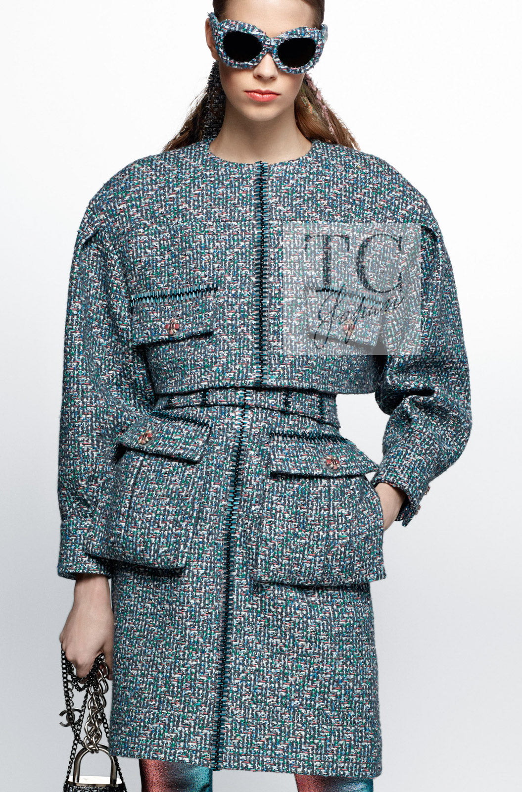 CHANEL 14A Gray SIlver Metallic Silk Cotton Tweed Long Coat 36 20