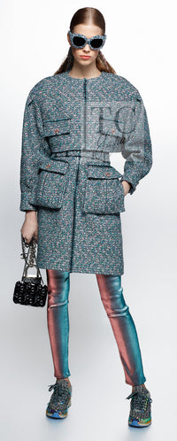 シャネル コート CHANEL 14A グレー シルバー メタリック シルク コットン ジッパー ツイード 36