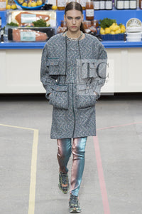 シャネル コート CHANEL 14A グレー シルバー メタリック シルク コットン ジッパー ツイード 36