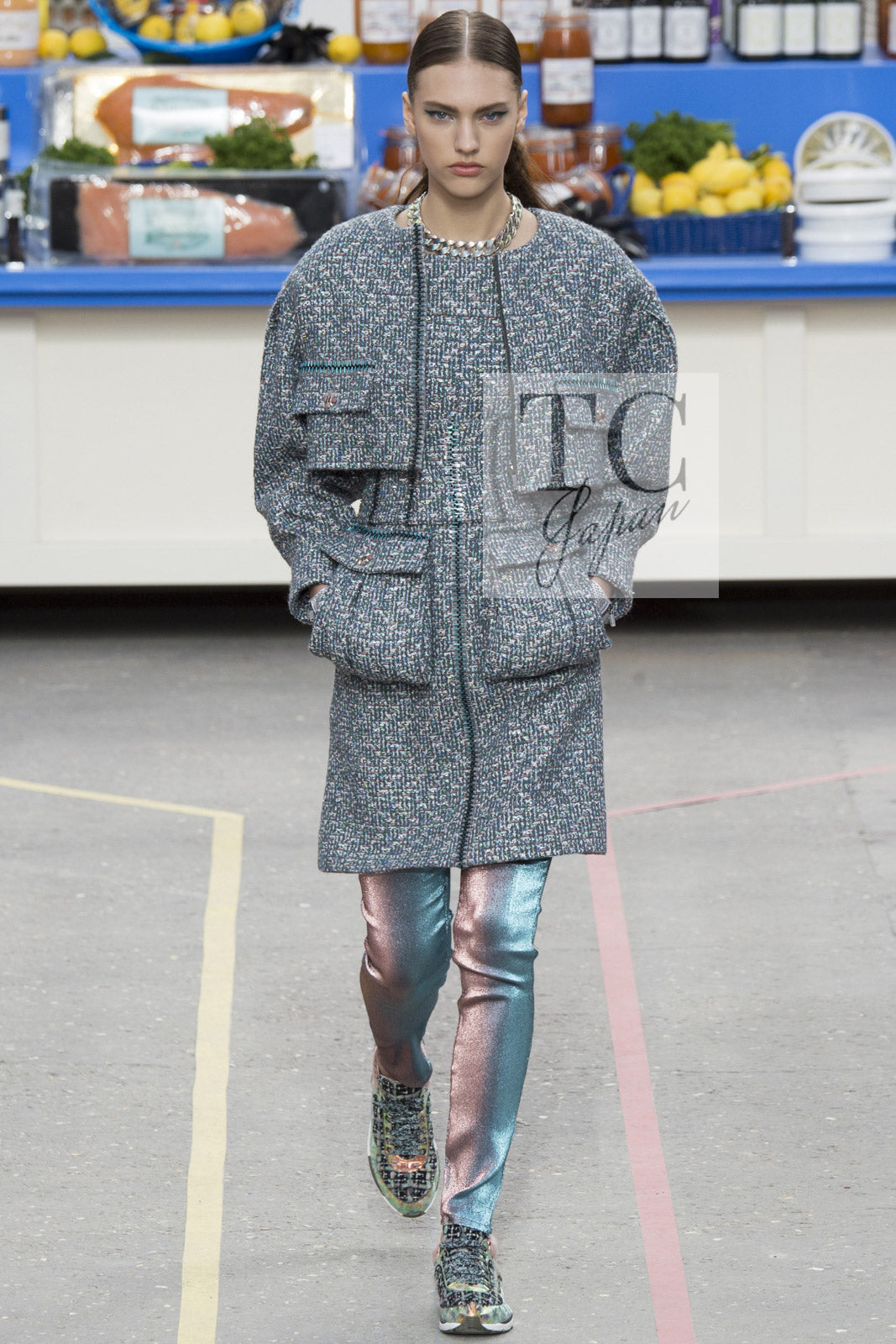 シャネル コート CHANEL 14A グレー シルバー メタリック シルク コットン ジッパー ツイード 36