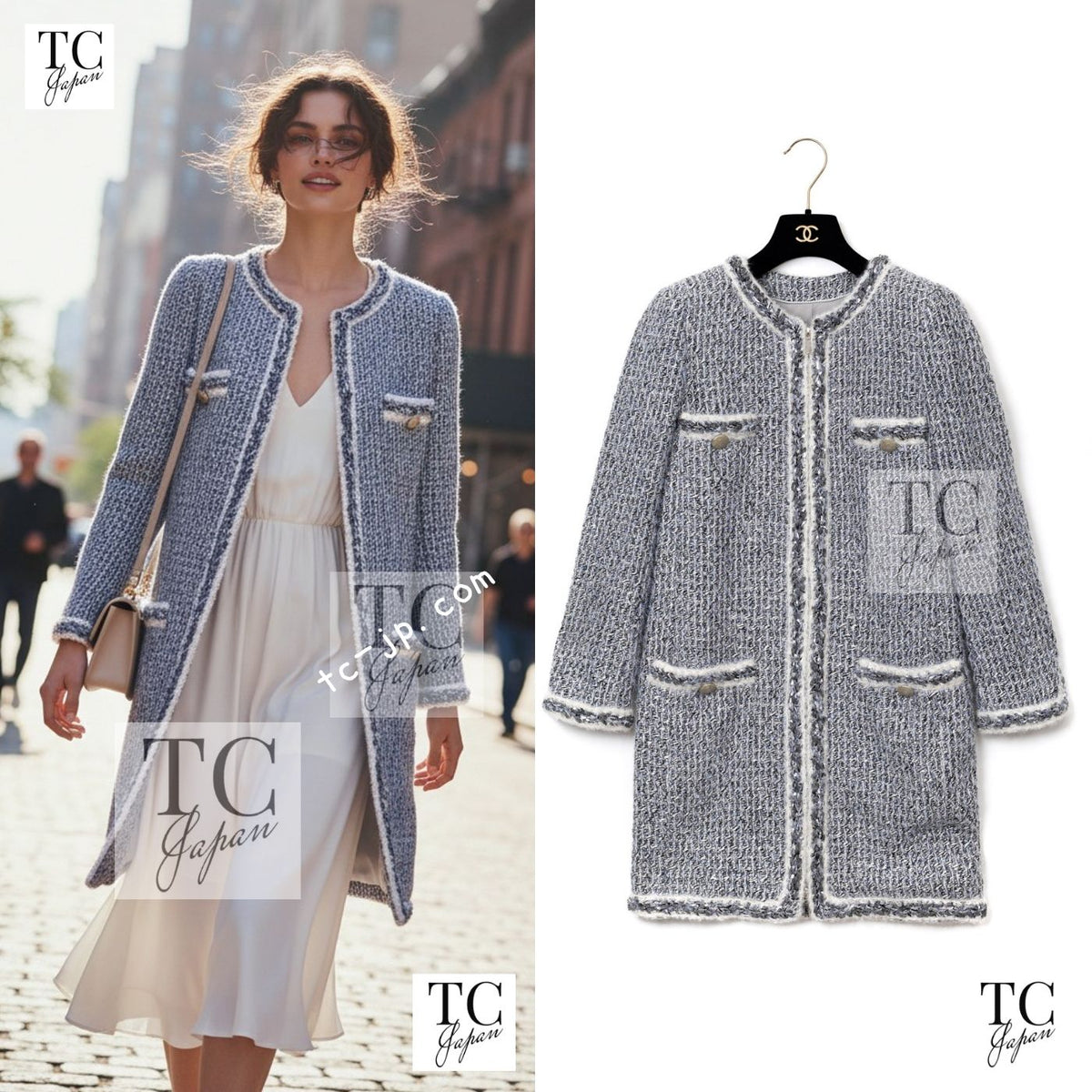 CHANEL 14A Gray SIlver Metallic Silk Cotton Tweed Long Coat 36 1
