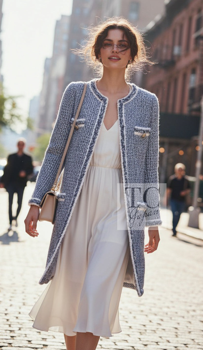 CHANEL 14A Gray SIlver Metallic Silk Cotton Tweed Long Coat 36 11