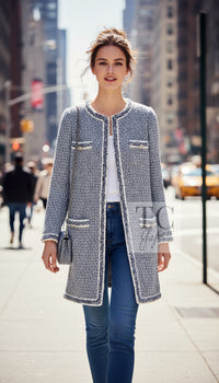 CHANEL 14A Gray SIlver Metallic Silk Cotton Tweed Long Coat 36 5