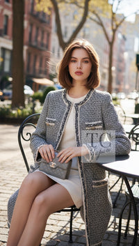 CHANEL 14A Gray SIlver Metallic Silk Cotton Tweed Long Coat 36 12