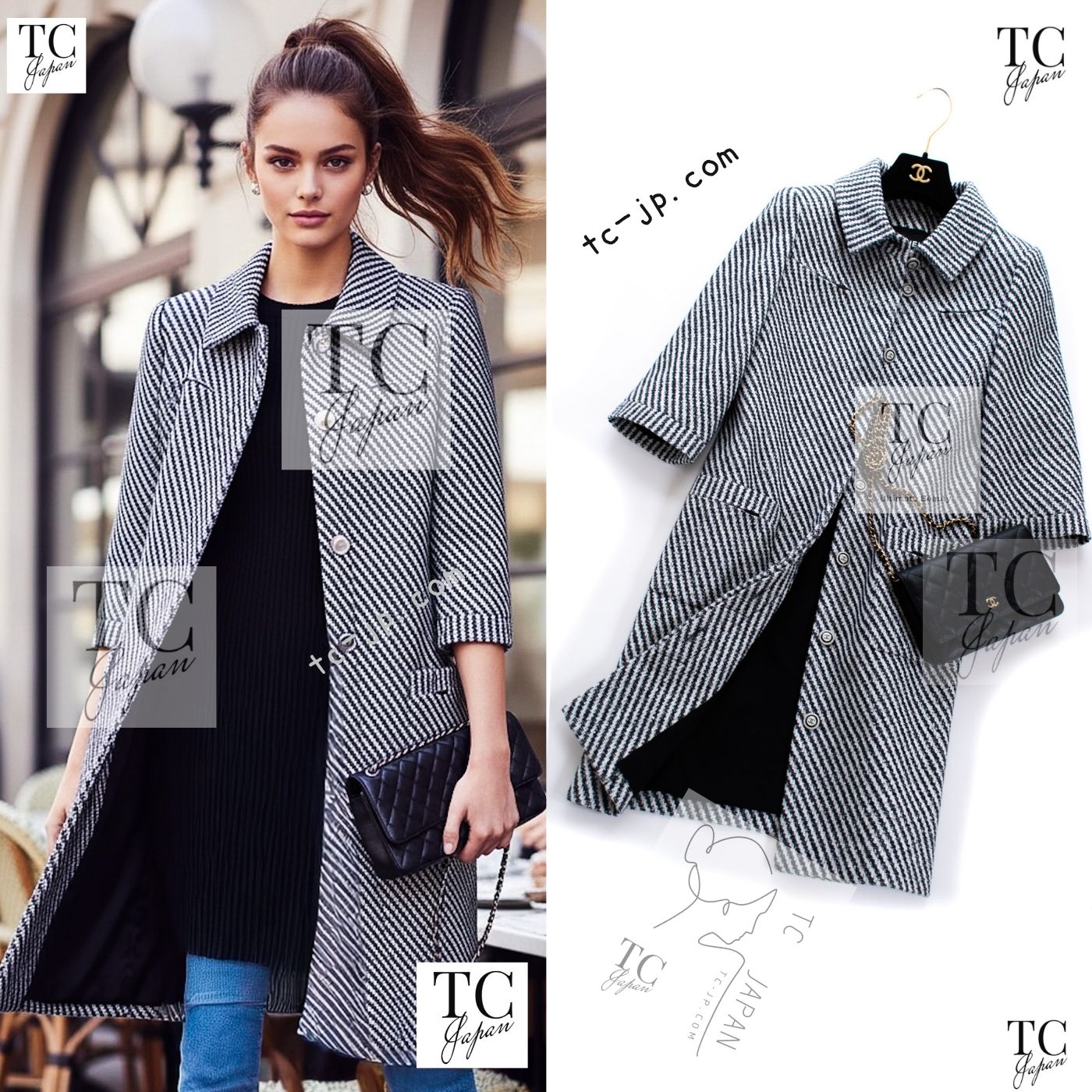 CHANEL 16S Olive Navy White Striped Cotton Wool Tweed Coat 34 シャネル オリーブ ネイビー ホワイト ストライプ コットン ウール ツイード コート 即発