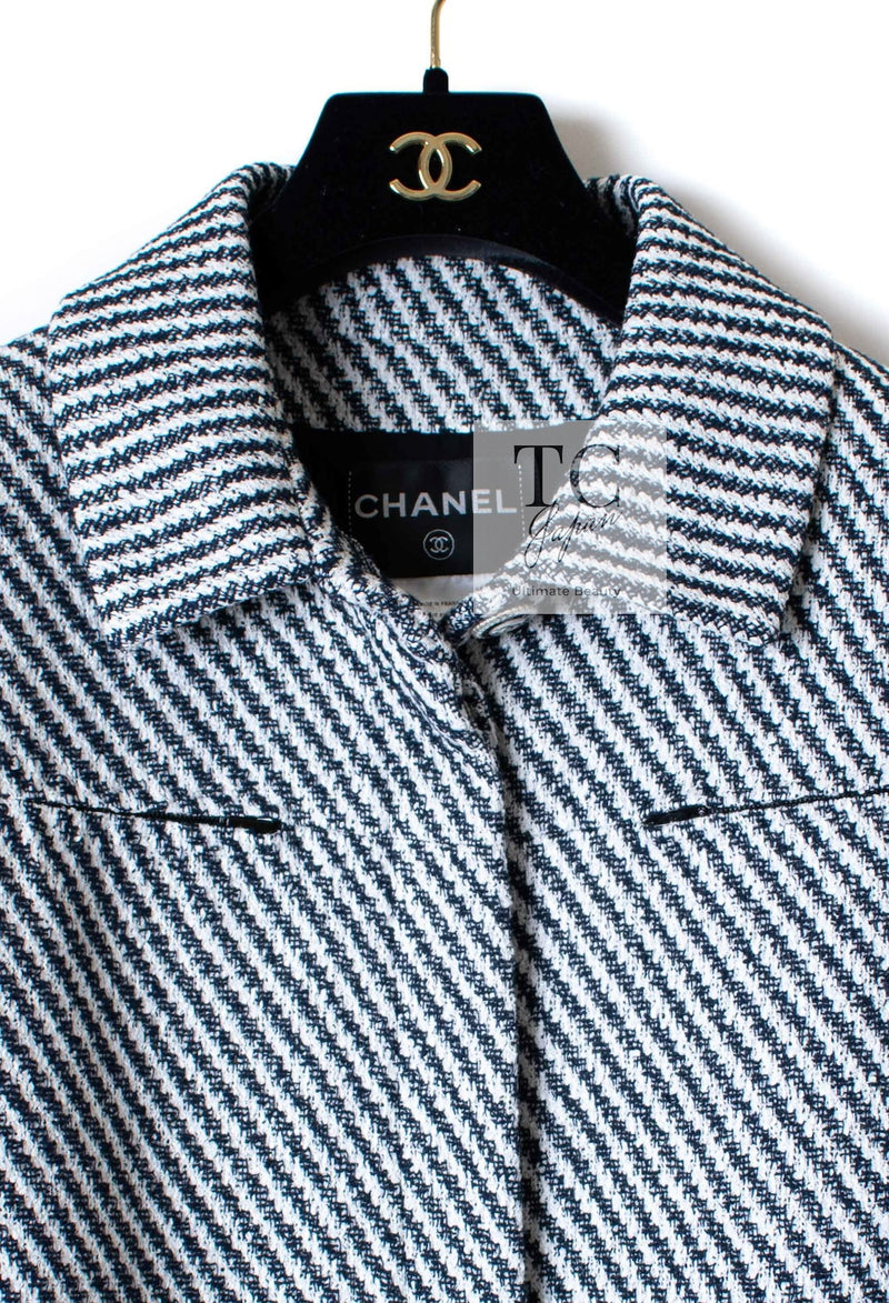 CHANEL 16S Olive Navy White Striped Cotton Wool Tweed Coat 34 シャネル オリーブ ネイビー ホワイト ストライプ コットン ウール ツイード コート 即発