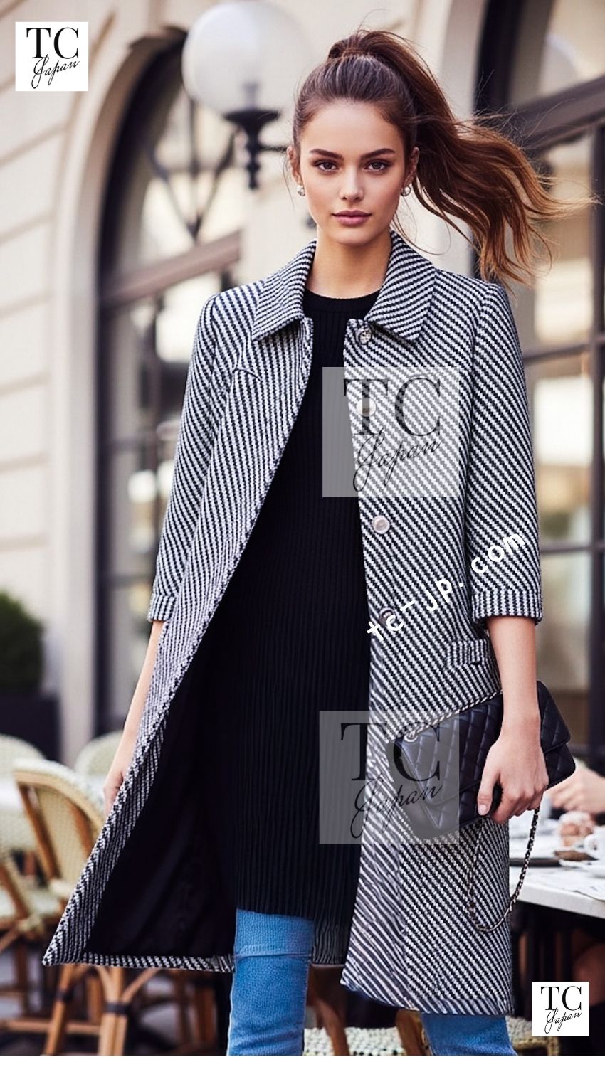 CHANEL 16S white navy stripe tweed wool cotton women's coat 1
