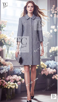 CHANEL 16S Olive Navy White Striped Cotton Wool Tweed Coat 34 シャネル オリーブ ネイビー ホワイト ストライプ コットン ウール ツイード コート 即発 - TC JAPAN