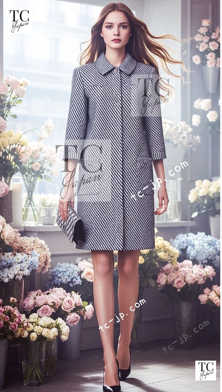 CHANEL 16S Olive Navy White Striped Cotton Wool Tweed Coat 34 シャネル オリーブ ネイビー ホワイト ストライプ コットン ウール ツイード コート 即発 - TC JAPAN