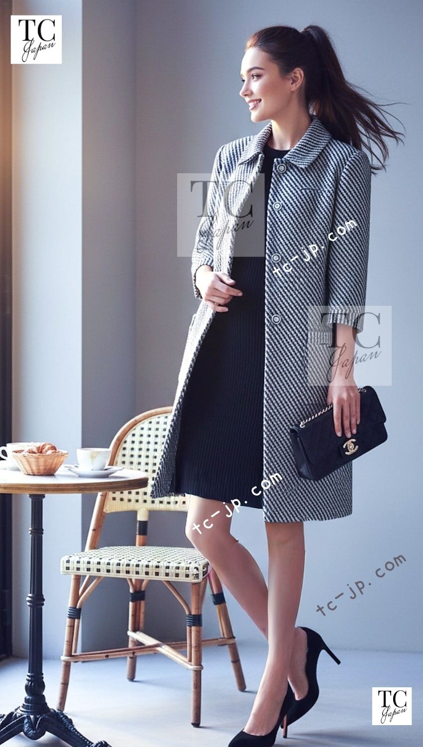 CHANEL 16S Olive Navy White Striped Cotton Wool Tweed Coat 34 シャネル オリーブ ネイビー ホワイト ストライプ コットン ウール ツイード コート 即発 - TC JAPAN