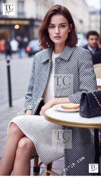 CHANEL 16S Olive Navy White Striped Cotton Wool Tweed Coat 34 シャネル オリーブ ネイビー ホワイト ストライプ コットン ウール ツイード コート 即発