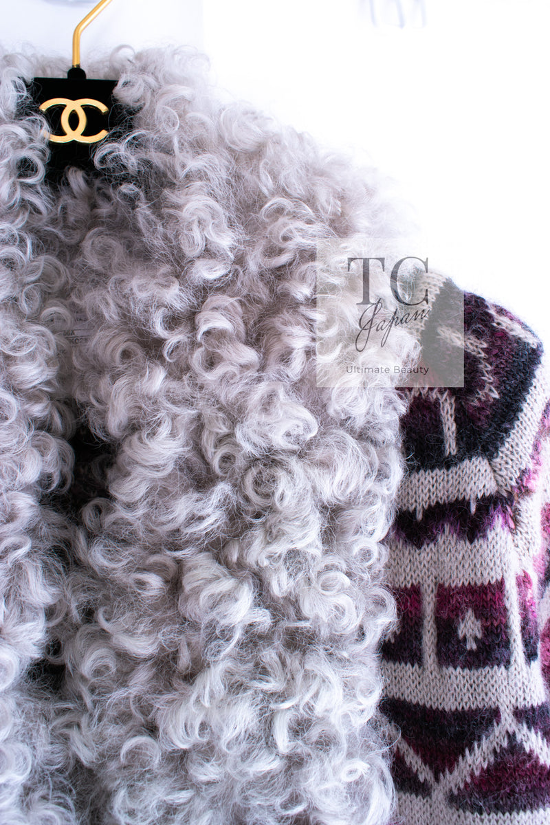 CHANEL 09PF Gray Purple Shearing Lamb Fur Trim Wool Mohair Knit Cardigan Coat 42 シャネル グレー パープル ラム ファートリム ウール モヘア ニット カーディガン コート 即発