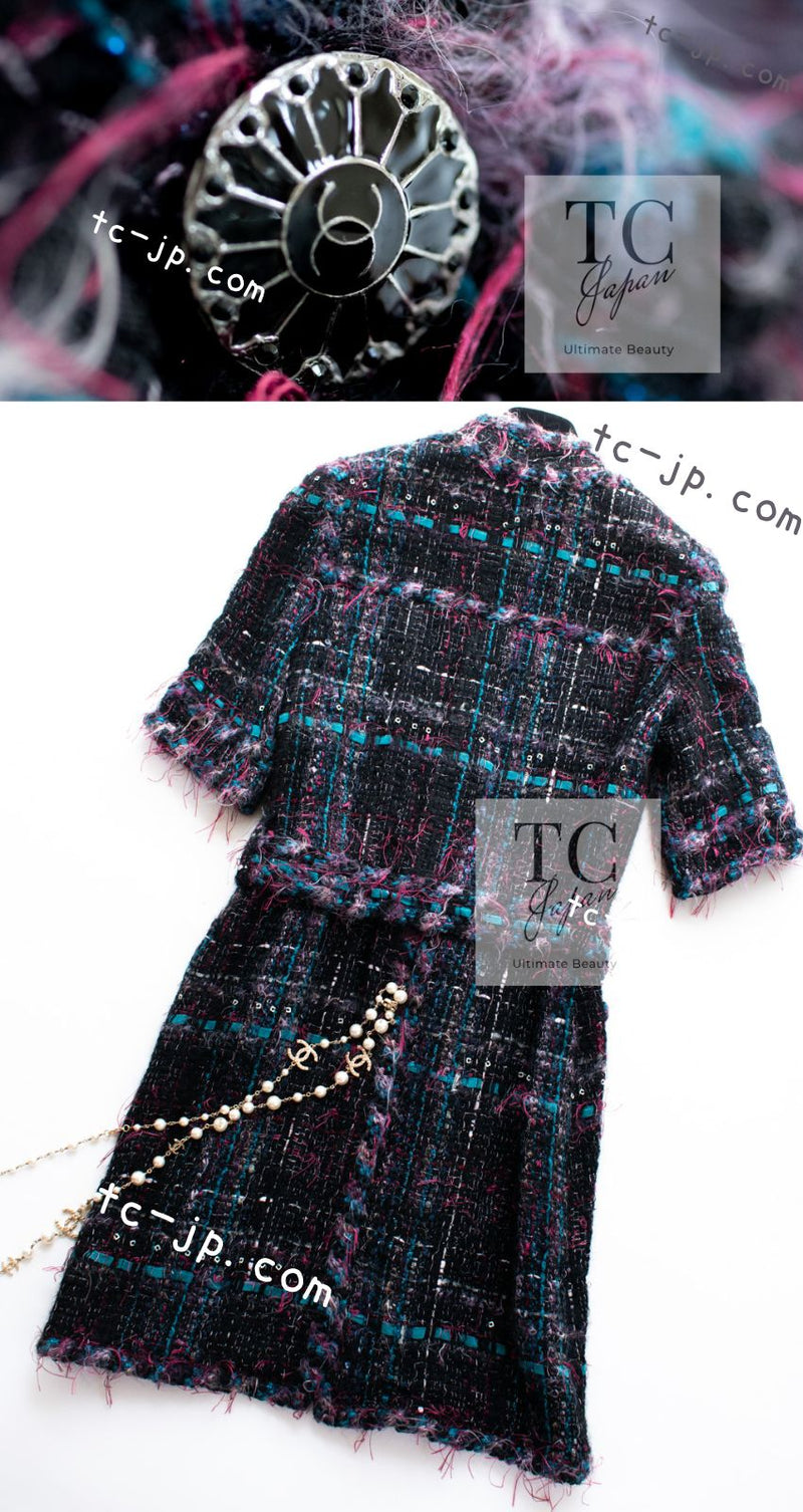 CHANEL 06A Purple Black Multicolor Tweed Jacket Coat Skirt Suit 34 36 シャネル パープル ブラック マルチカラー ジャケット コート スカート スーツ 即発