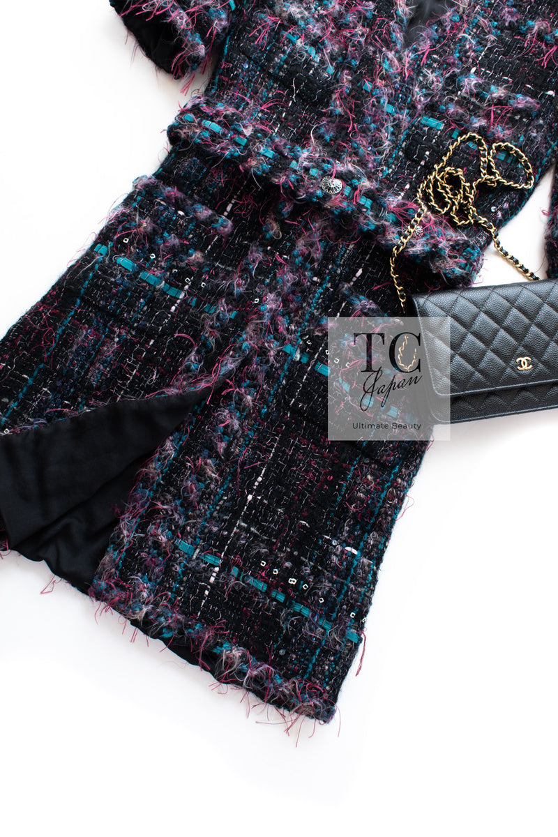 CHANEL 06A Purple Black Multicolor Tweed Jacket Coat Skirt Suit 34 36 シャネル パープル ブラック マルチカラー ジャケット コート スカート スーツ 即発