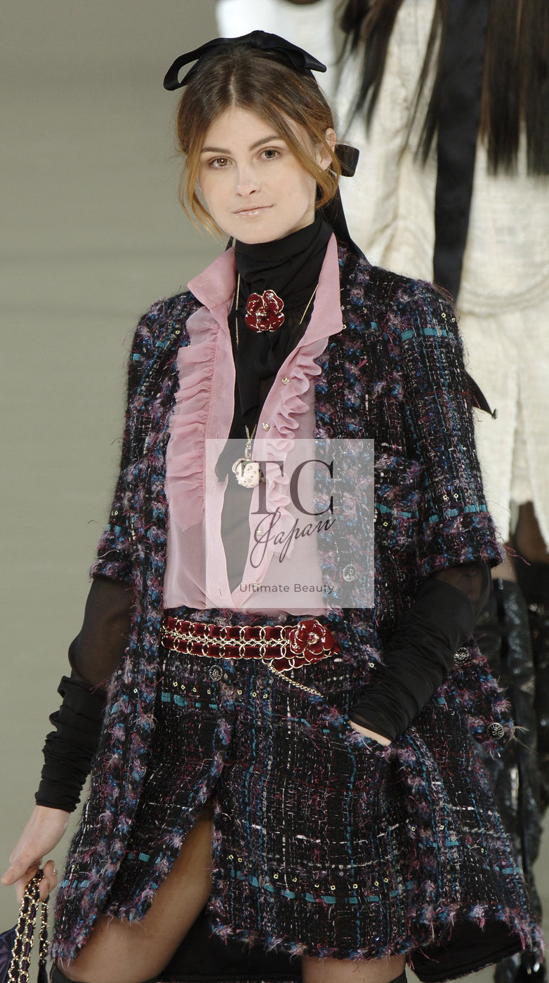 CHANEL 06A Purple Black Multicolor Tweed Jacket Coat Skirt Suit 34 36 シャネル パープル ブラック マルチカラー ジャケット コート スカート スーツ 即発