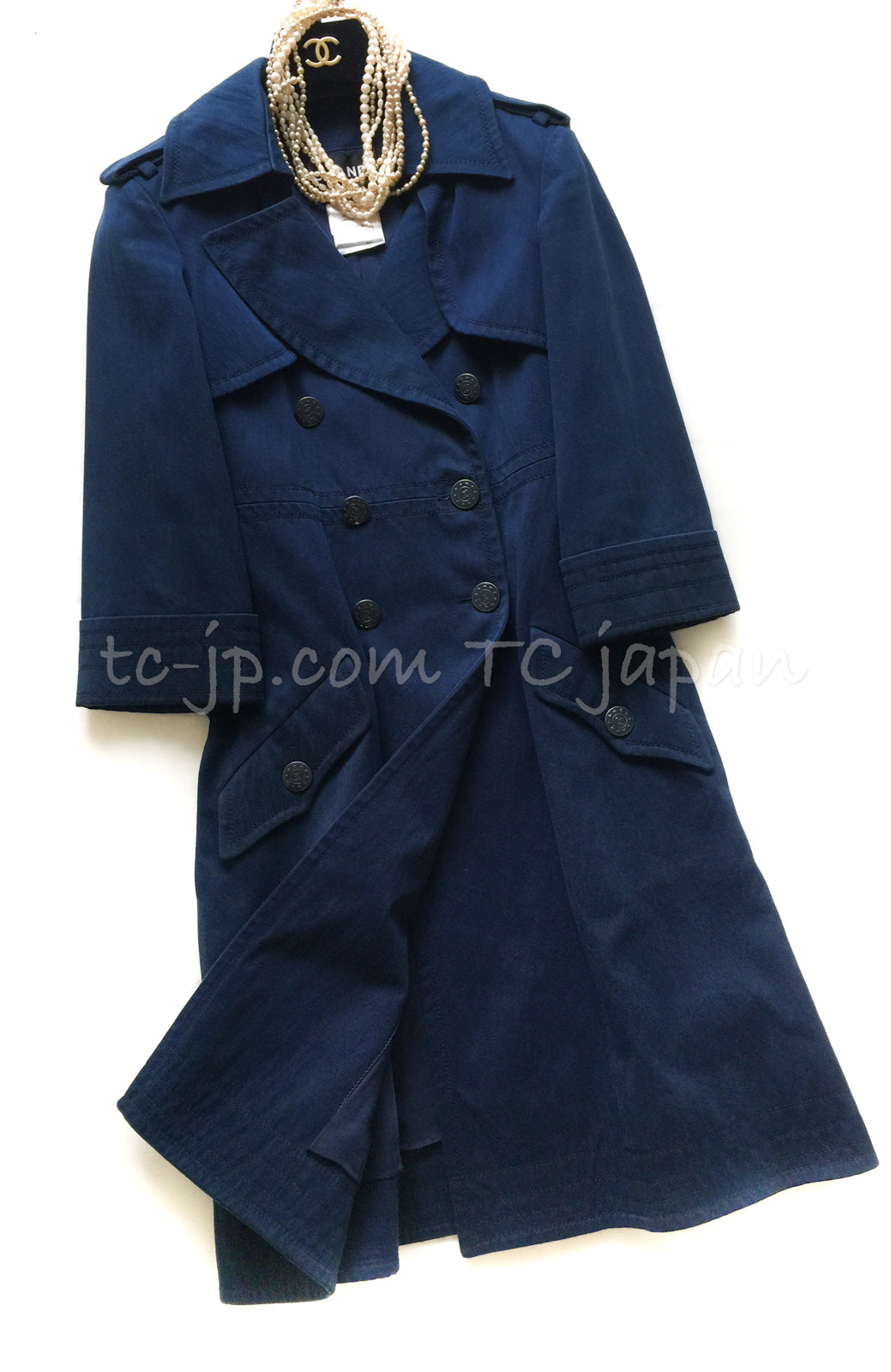 CHANEL 13S Laura Bailey Navy Cotton Trench Coat 36 38 シャネル ネイビー コットン ギャバジン トレンチ コート