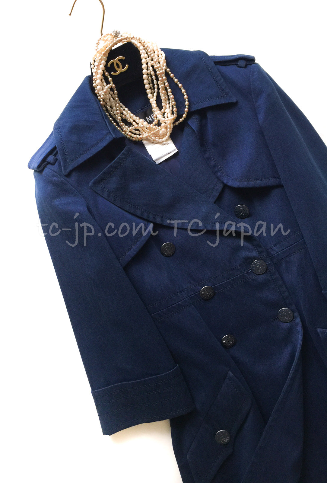 CHANEL 13S Laura Bailey Navy Cotton Trench Coat 36 38 シャネル ネイビー コットン ギャバジン トレンチ コート