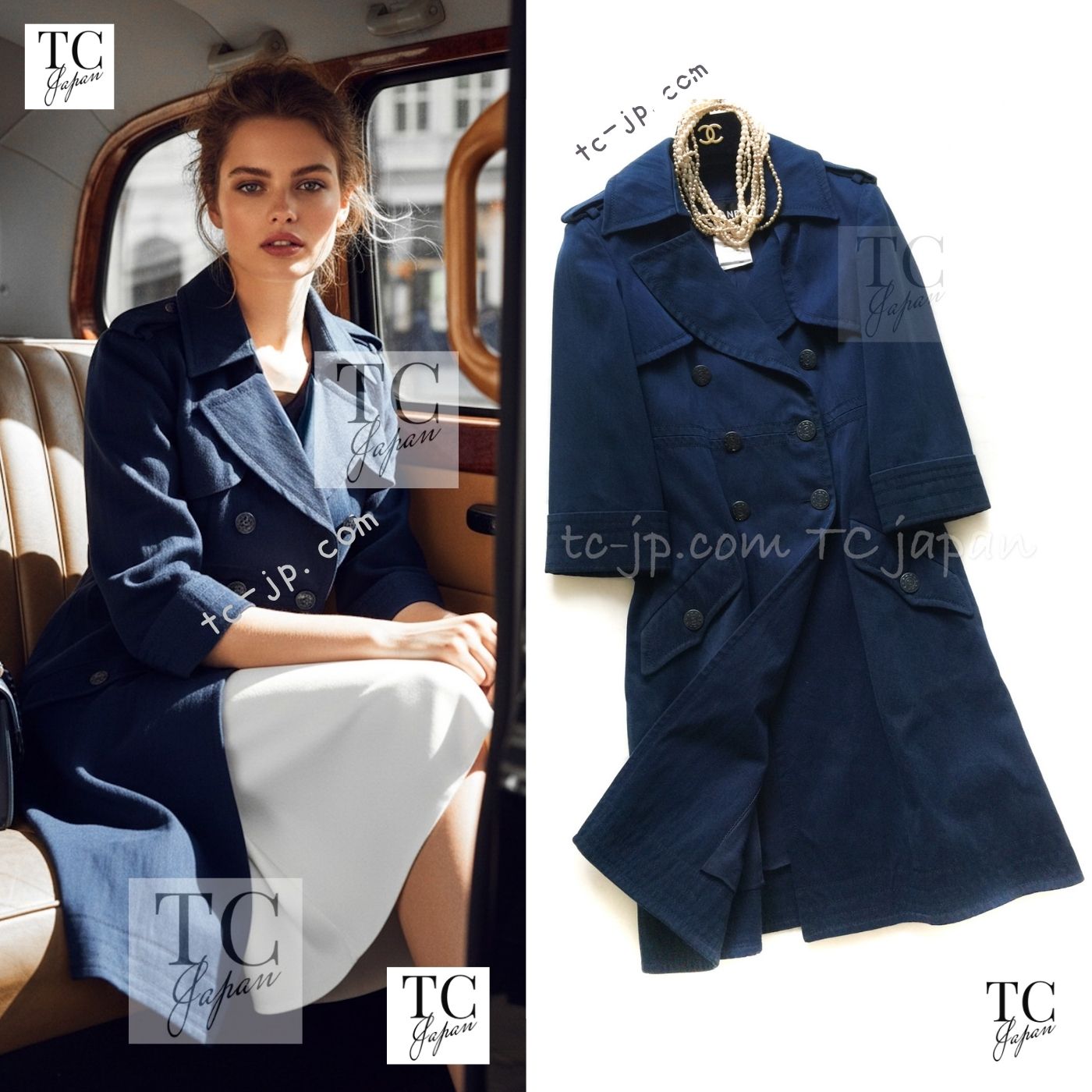 CHANEL 13S Laura Bailey Navy Cotton Trench Coat 36 38 シャネル ネイビー コットン ギャバジン トレンチ コート