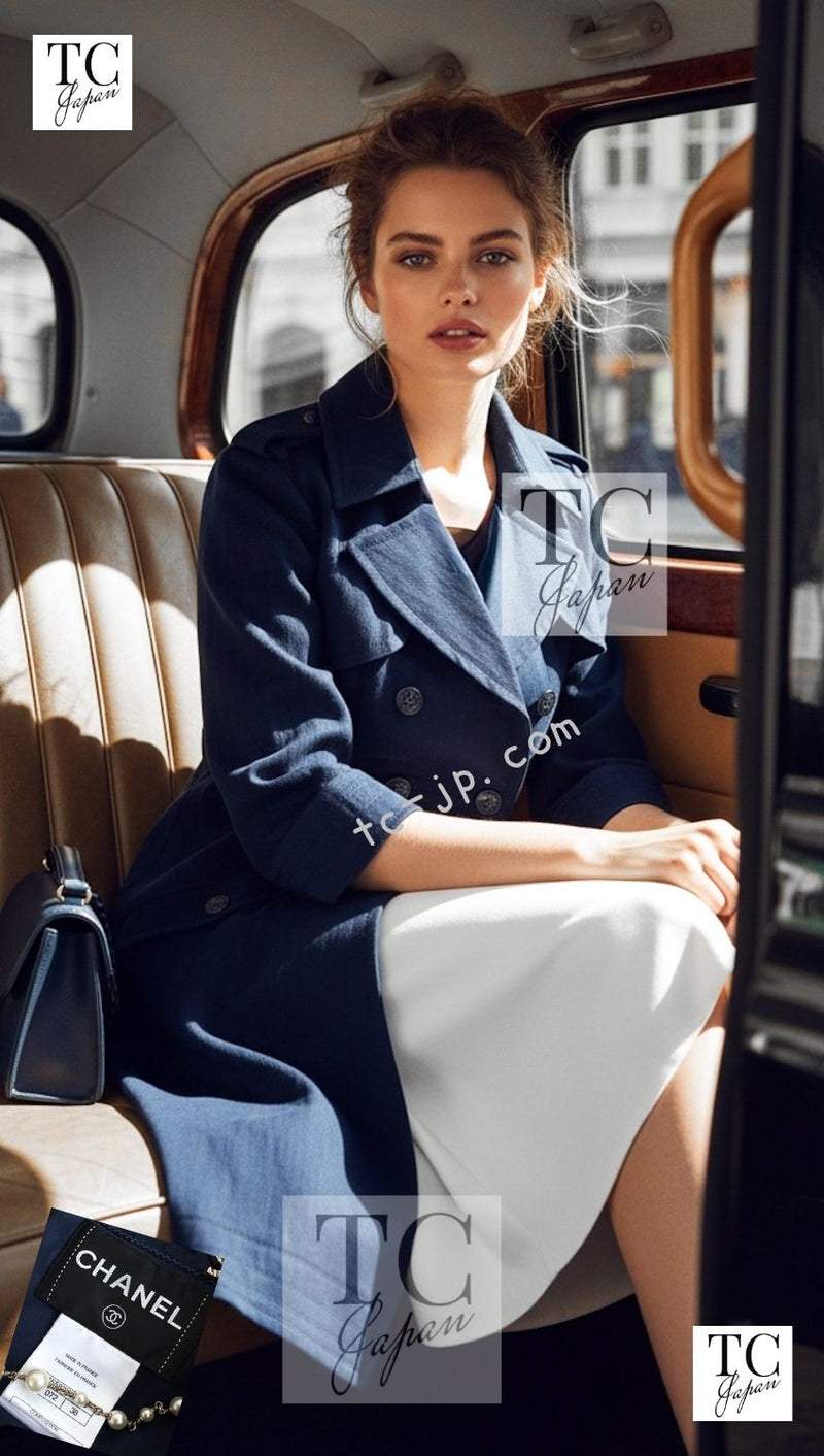 CHANEL 13S Laura Bailey Navy Cotton Trench Coat 36 38 シャネル ネイビー コットン ギャバジン トレンチ コート