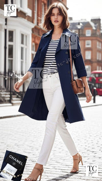 CHANEL 13S Laura Bailey Navy Cotton Trench Coat 36 38 シャネル ネイビー コットン ギャバジン トレンチ コート