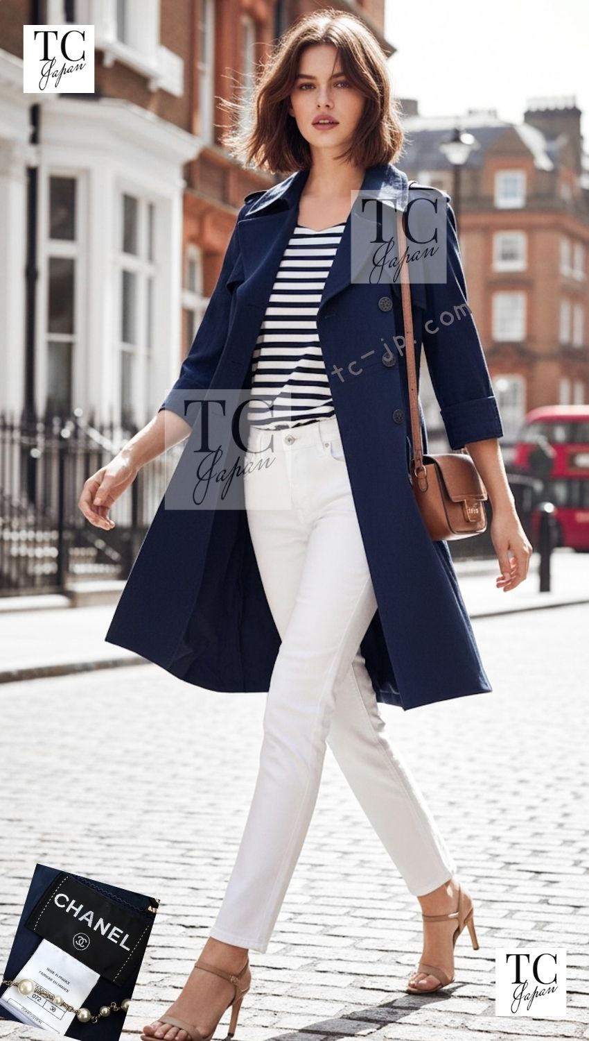 CHANEL 13S Laura Bailey Navy Cotton Trench Coat 36 38 シャネル ネイビー コットン ギャバジン トレンチ コート