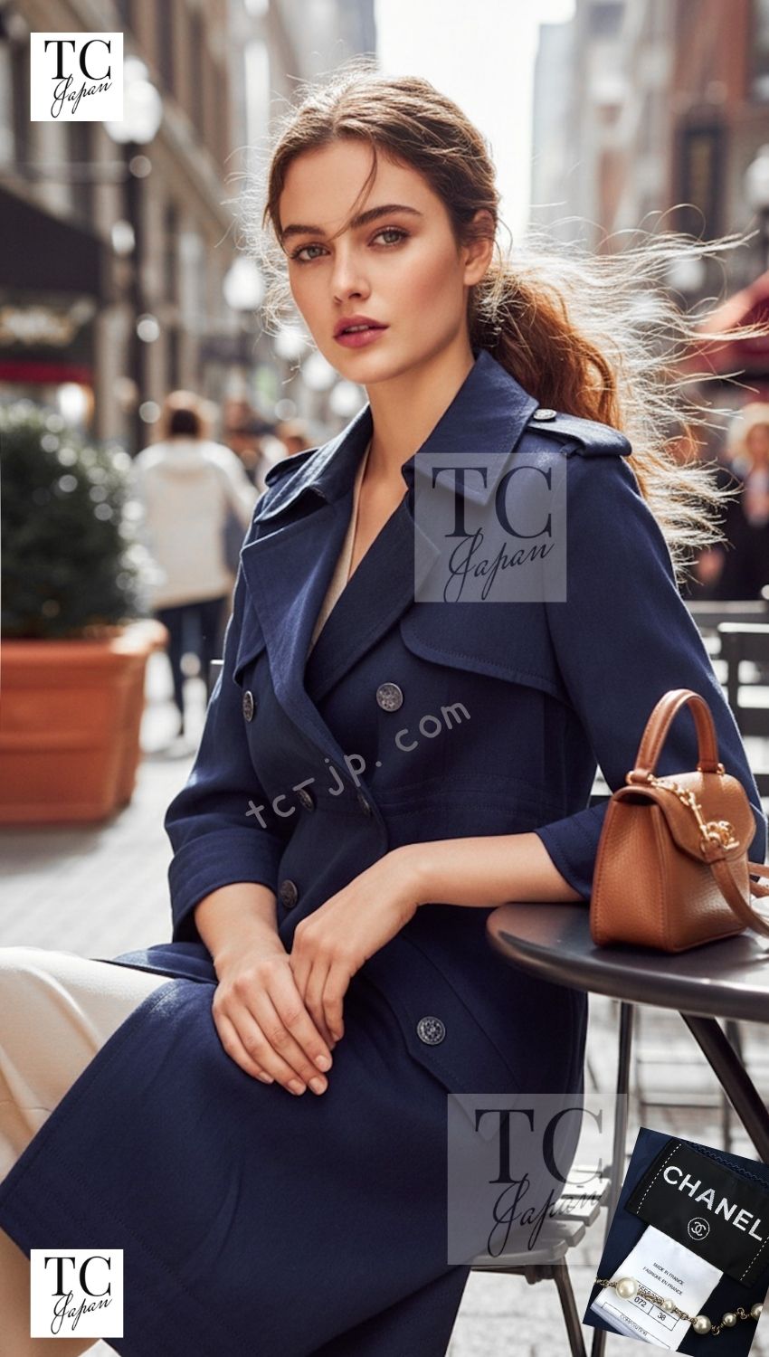 CHANEL 13S Laura Bailey Navy Cotton Trench Coat 36 38 シャネル ネイビー コットン ギャバジン トレンチ コート
