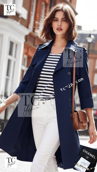 CHANEL 13S Laura Bailey Navy Cotton Trench Coat 36 38 シャネル ネイビー コットン ギャバジン トレンチ コート
