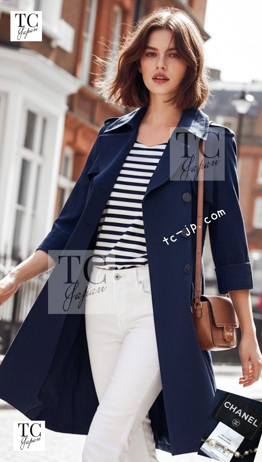 CHANEL 13S Laura Bailey Navy Cotton Trench Coat 36 38 シャネル ネイビー コットン ギャバジン トレンチ コート