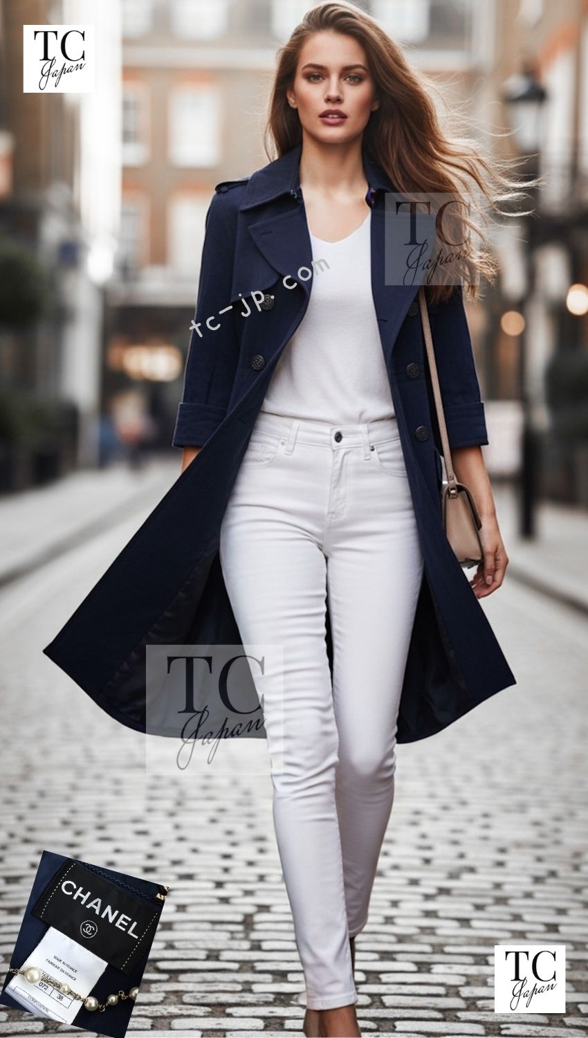 CHANEL 13S Laura Bailey Navy Cotton Trench Coat 36 38 シャネル ネイビー コットン ギャバジン トレンチ コート