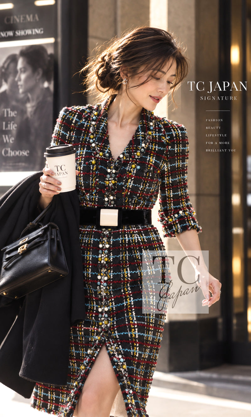 CHANEL 07A Black Multicolor Boucle Wool Tweed Coat with Belt 38 13