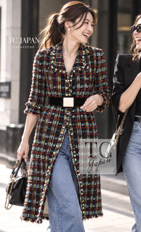 シャネル コート CHANEL 07A ブラック マルチカラー ブークレ ウール ツイード ベルト付き 38