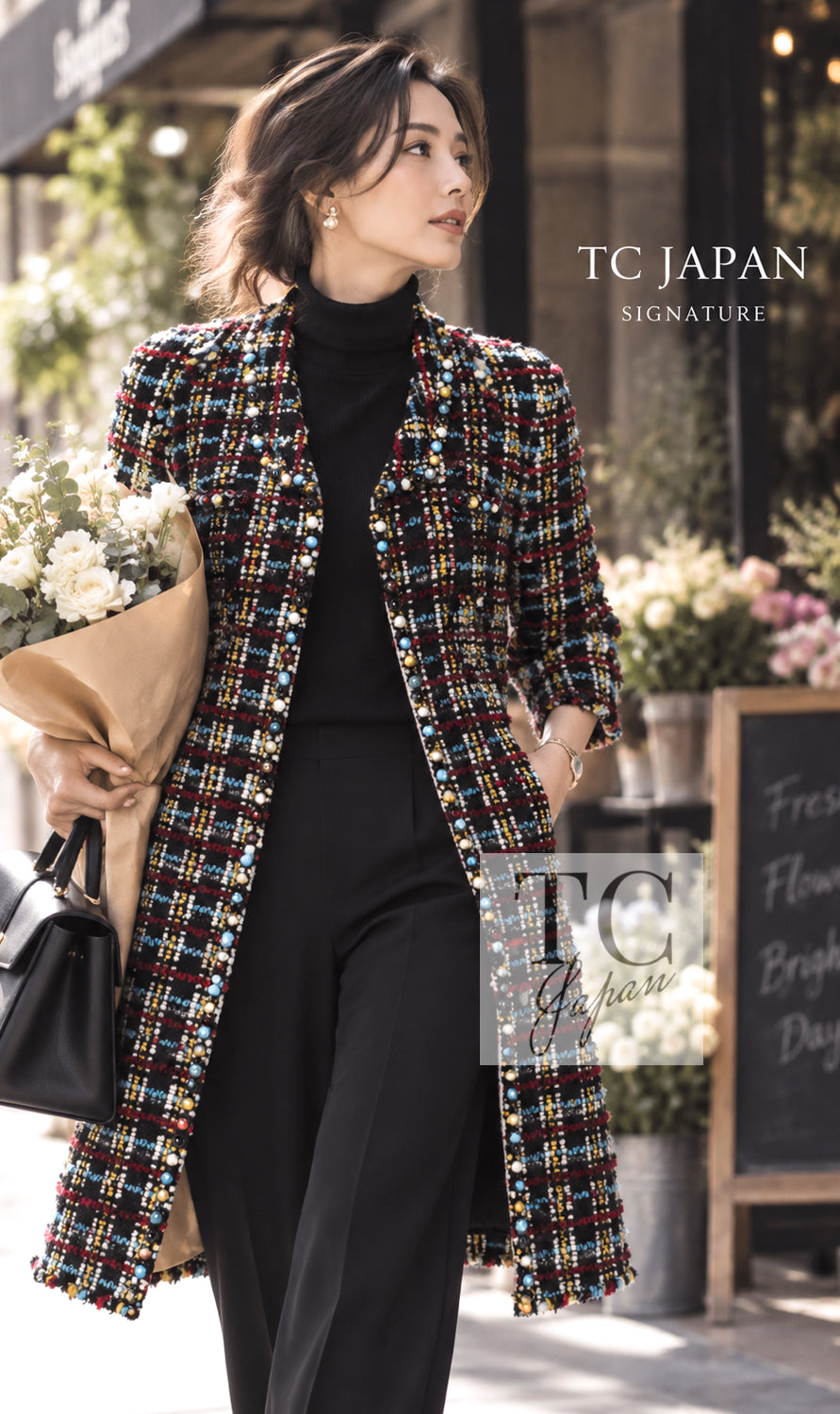 CHANEL 07A Black Multicolor Boucle Wool Tweed Coat with Belt 38 11