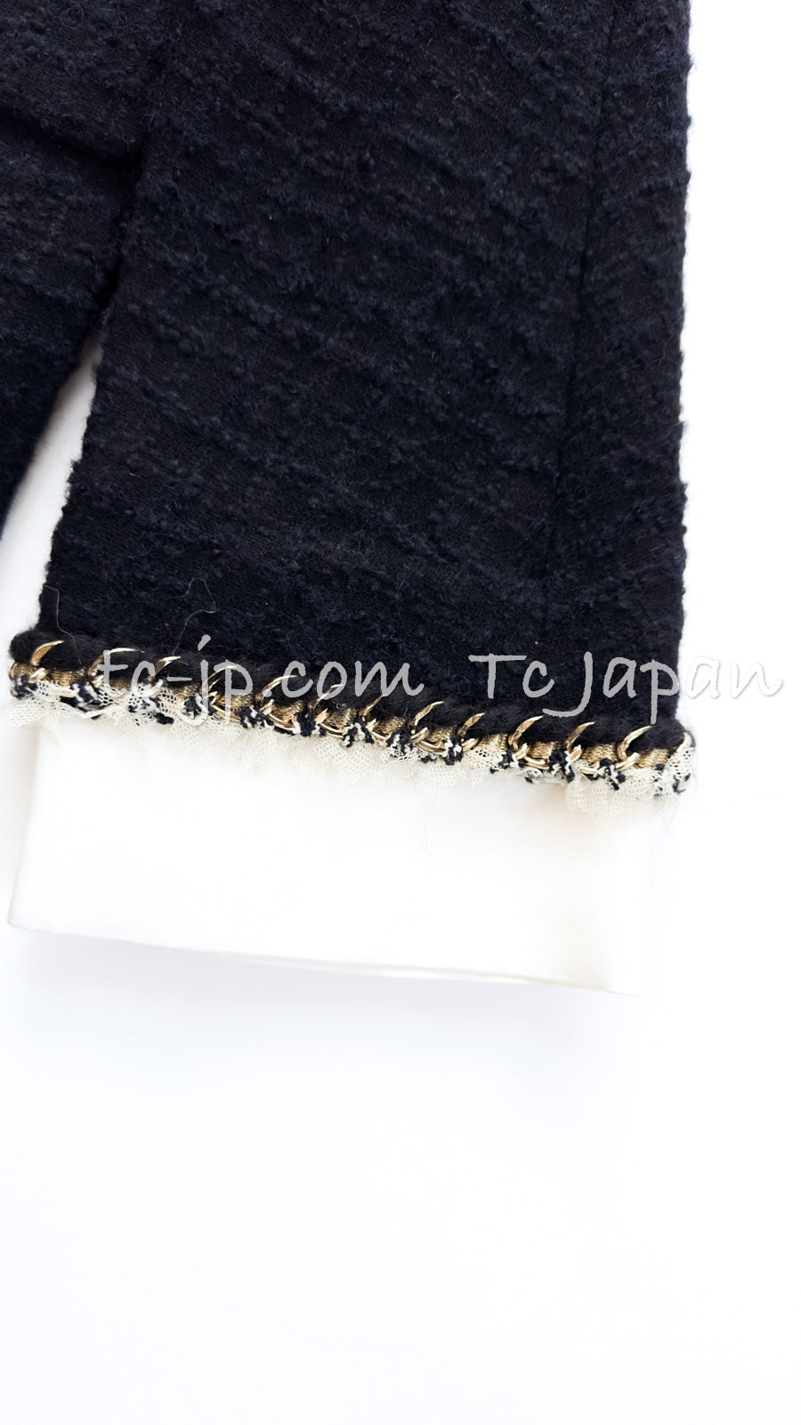 CHANEL 11A Black Dark Navy Gold Chain Trimming Jacket Coat 38 シャネル ブラック ダーク ネイビー ゴールド チェーン トリミング ジャケット コート