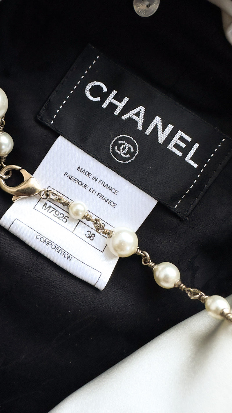 CHANEL 11A Black Dark Navy Gold Chain Trimming Jacket Coat 38 シャネル ブラック ダーク ネイビー ゴールド チェーン トリミング ジャケット コート