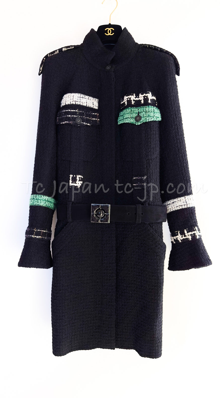 CHANEL 09A Black Green Ivory Tweed Long Jacket Coat 34 36 シャネル ブラック グリーン アイボリー ツイード ロング ジャケット コート 即発 - TC JAPAN