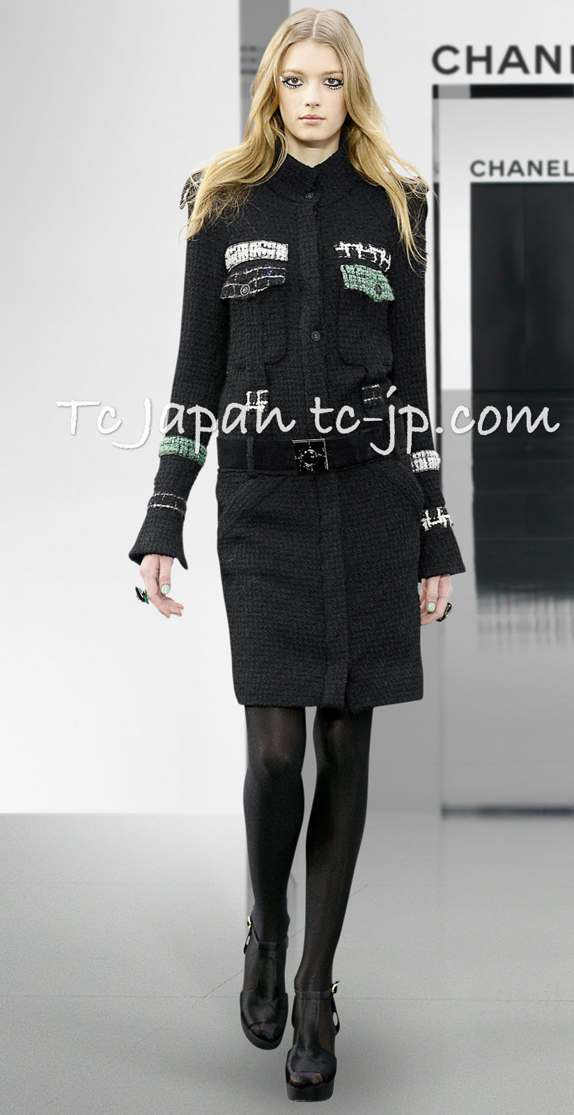 CHANEL 09A Black Green Ivory Tweed Long Jacket Coat 34 36 シャネル ブラック グリーン アイボリー ツイード ロング ジャケット コート 即発 - TC JAPAN