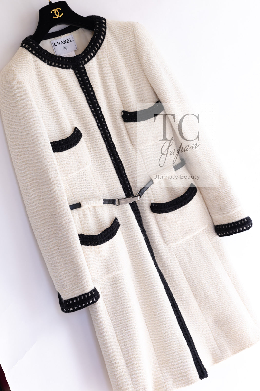 CHANEL 00A Ivory Black Trim Tweed Dress Coat with Belt 34 シャネル アイボリー ブラック トリム ベルト付 ワンピース コート 即発