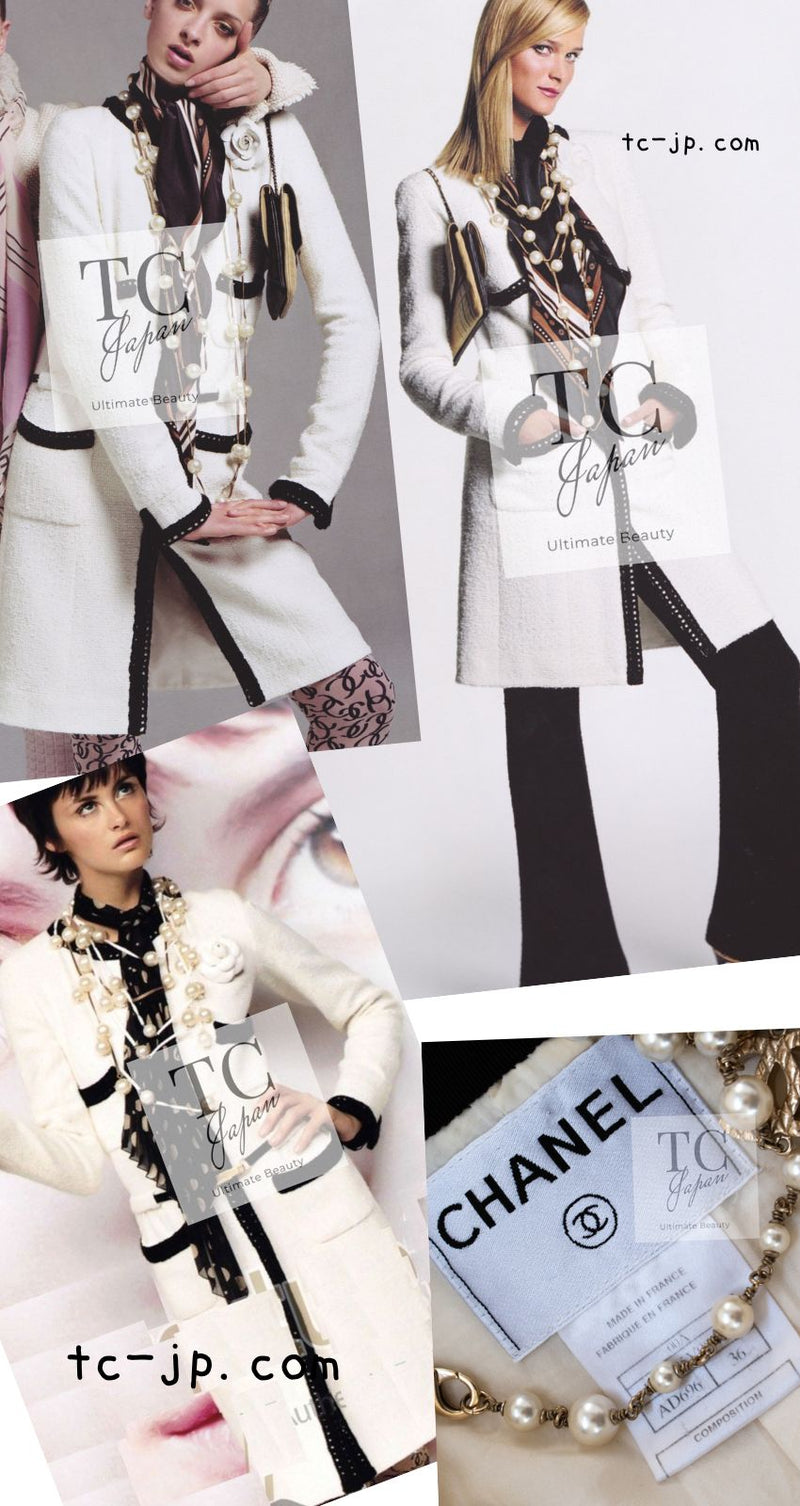 CHANEL 00A Ivory Black Trim Tweed Dress Coat with Belt 34 シャネル アイボリー ブラック トリム ベルト付 ワンピース コート 即発
