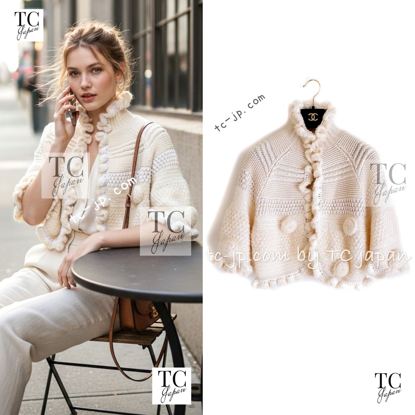 CHANEL 06A Ivory Creme Cashmere Mohair Cape Cardigan 38 46 48 50 シャネル カシミア モヘア アイボリー クリーム ポンチョ ケープ カーディガン 即発