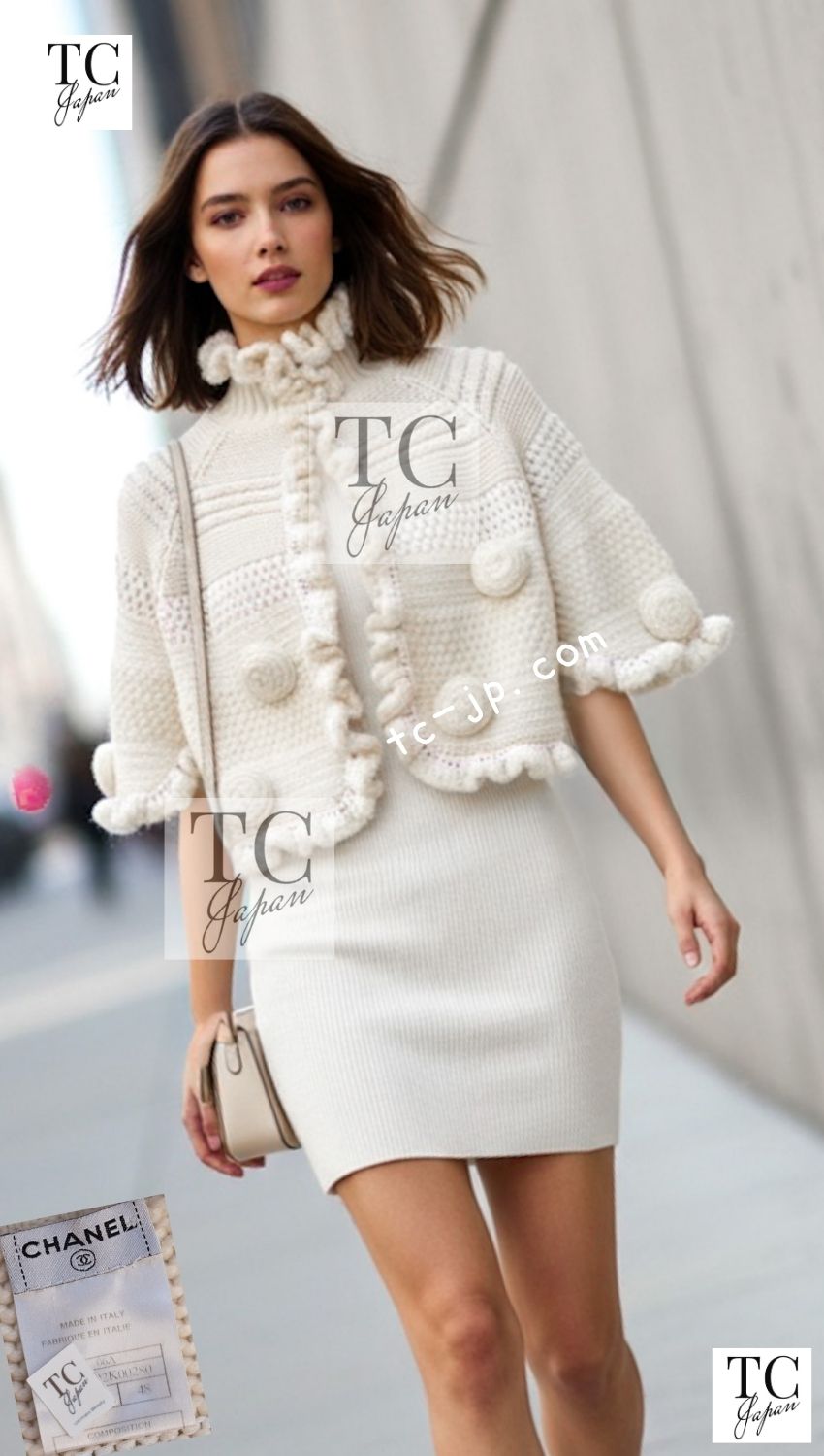 CHANEL 06A Ivory Creme Cashmere Mohair Cape Cardigan 38 46 48 50 シャネル カシミア モヘア アイボリー クリーム ポンチョ ケープ カーディガン 即発