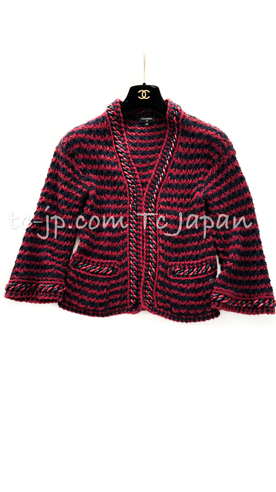 CHANEL 18PS Red Navy Striped Chain Trimming Knit Cardigan 36 38 シャネル レッド ネイビー ストライプ  チェーントリミング ニット カーディガン 即発