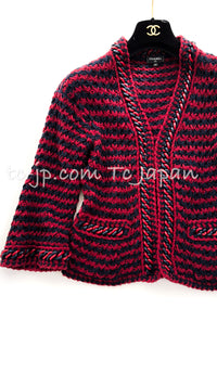 CHANEL 18PS Red Navy Striped Chain Trimming Knit Cardigan 36 38 シャネル レッド ネイビー ストライプ  チェーントリミング ニット カーディガン 即発