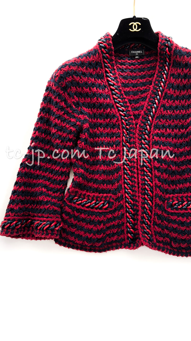 CHANEL 18PS Red Navy Striped Chain Trimming Knit Cardigan 36 38 シャネル レッド ネイビー ストライプ  チェーントリミング ニット カーディガン 即発