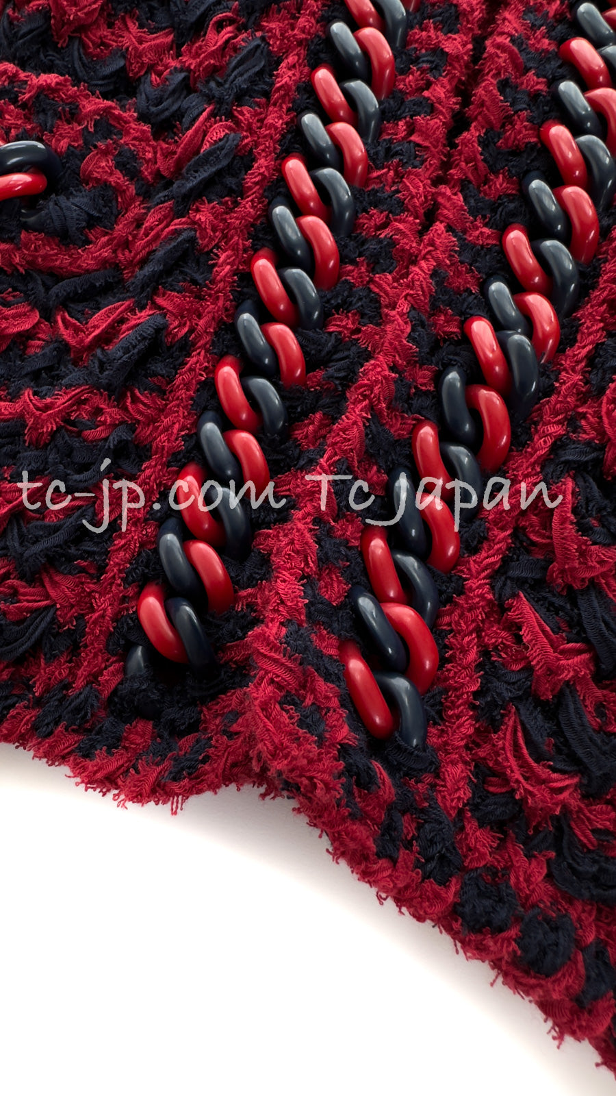CHANEL 18PS Red Navy Striped Chain Trimming Knit Cardigan 36 38 シャネル レッド ネイビー ストライプ  チェーントリミング ニット カーディガン 即発
