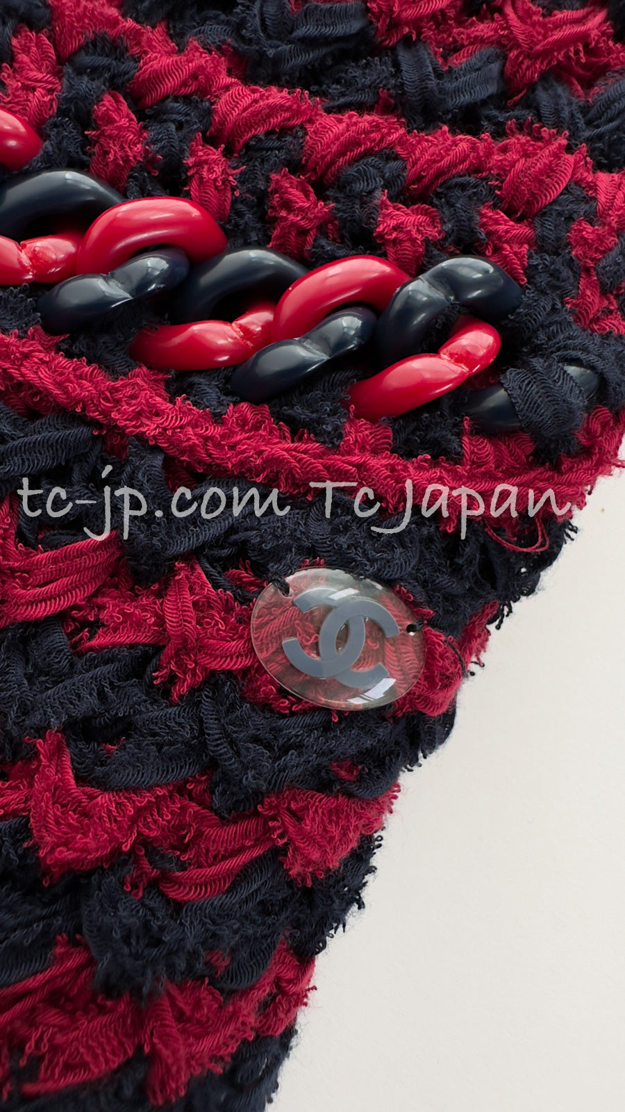 シャネル カーディガン CHANEL レッド ネイビー ストライプ チェーン