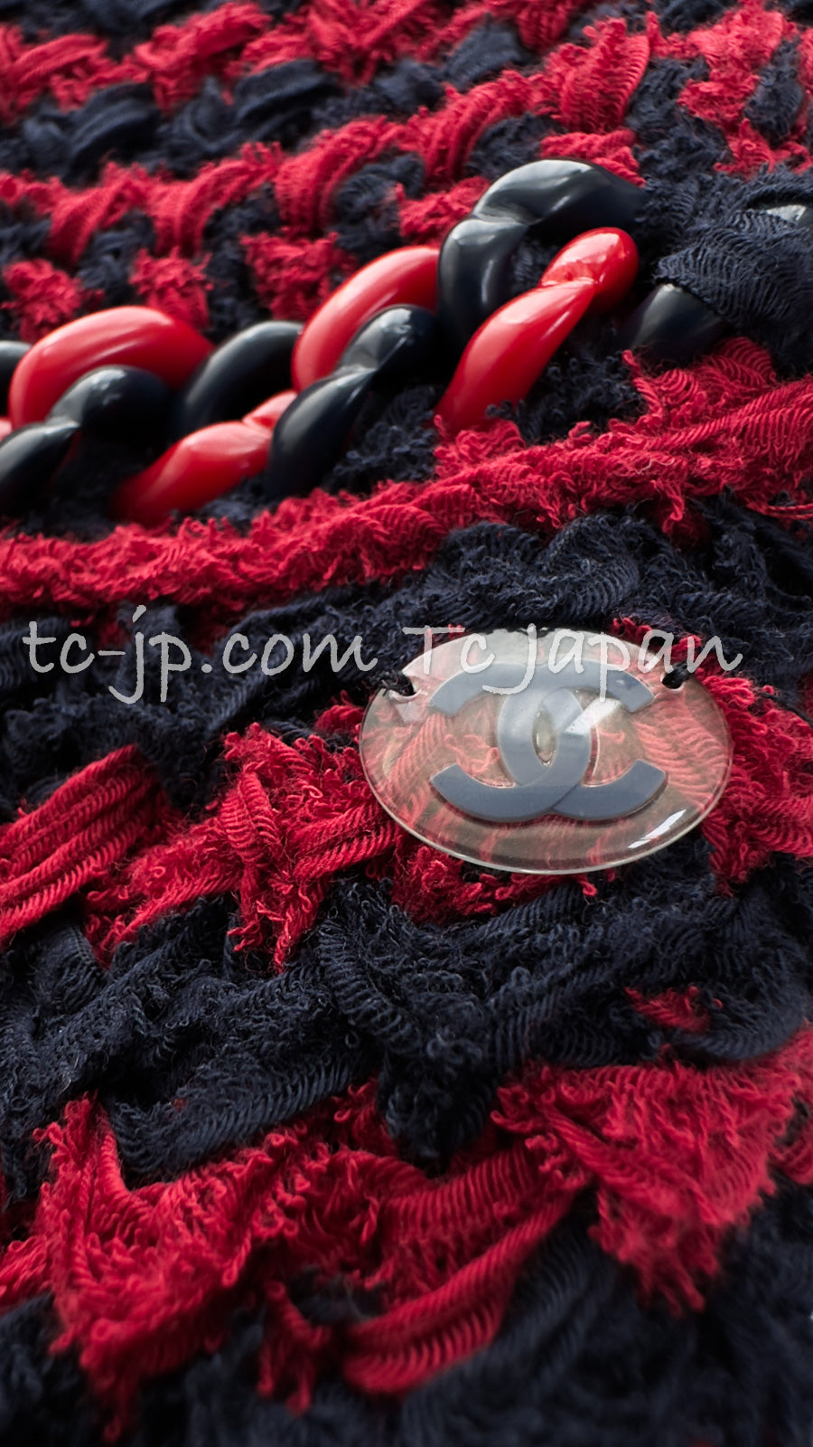 CHANEL 18PS Red Navy Striped Chain Trimming Knit Cardigan 36 38 シャネル レッド ネイビー ストライプ  チェーントリミング ニット カーディガン 即発