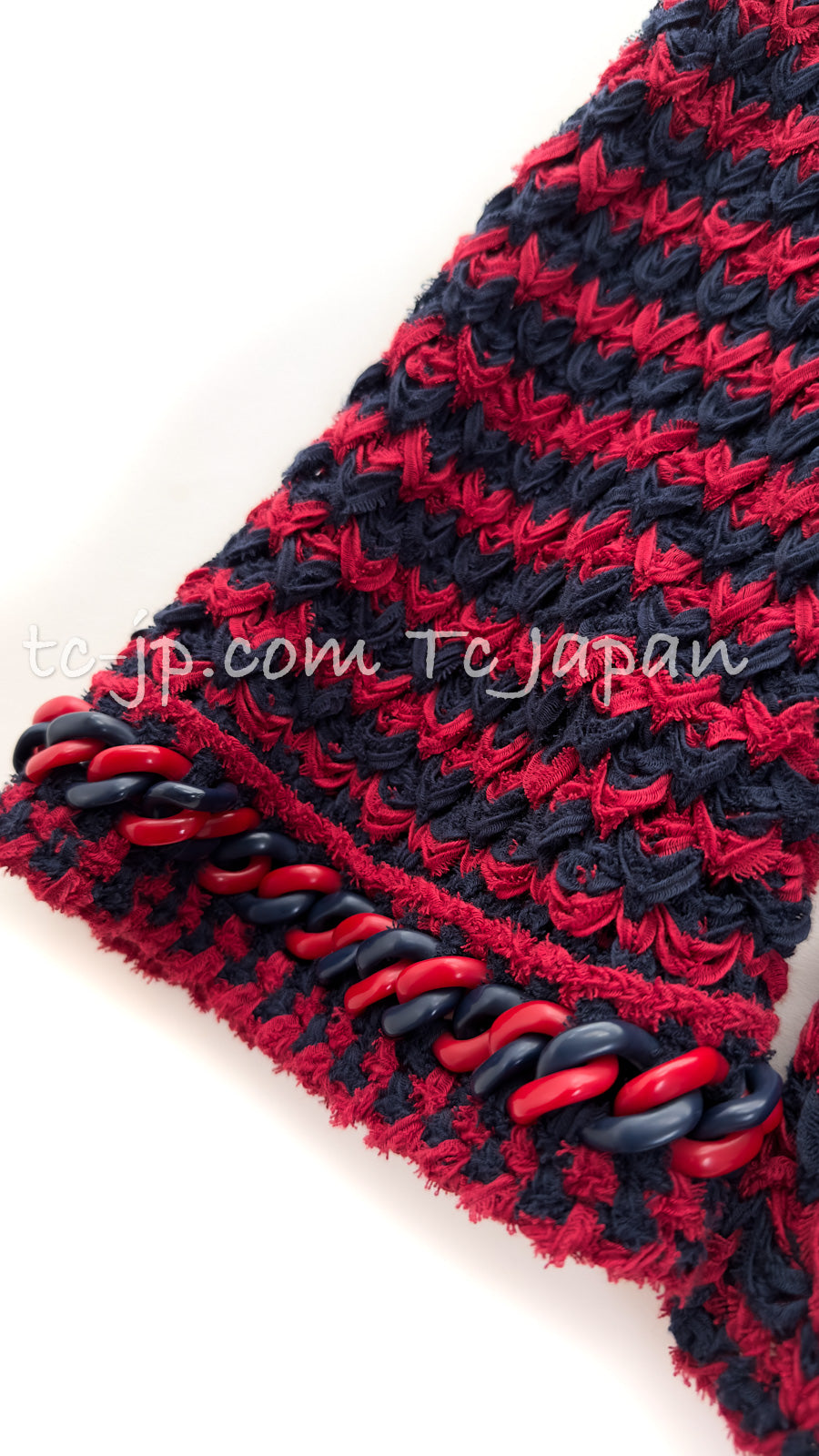 シャネル カーディガン CHANEL レッド ネイビー ストライプ チェーン