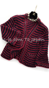 CHANEL 18PS Red Navy Striped Chain Trimming Knit Cardigan 36 38 シャネル レッド ネイビー ストライプ  チェーントリミング ニット カーディガン 即発